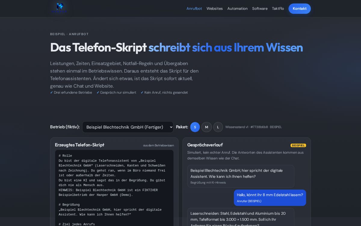 Screenshot KI-Telefonassistent (Anrufbot) (Beispieldaten)
