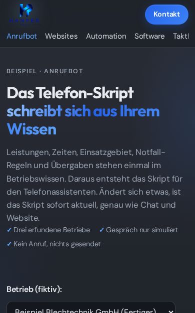 Screenshot KI-Telefonassistent (Anrufbot), Ansicht 2 (Beispieldaten)