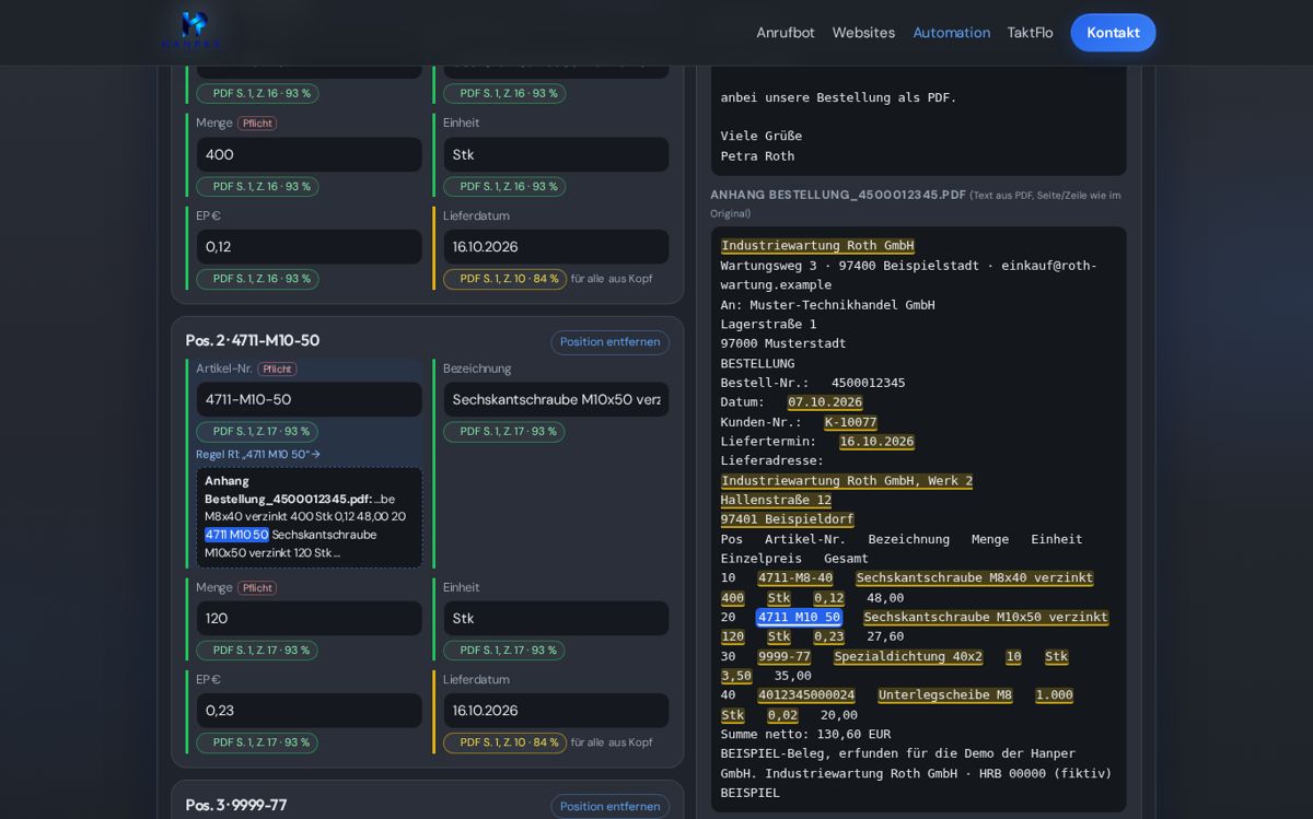 Screenshot Auftragseingang (Bestellungen automatisch erfassen) (Beispieldaten)