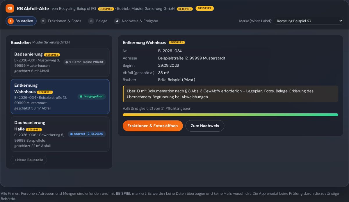 Screenshot Baustellen-Abfallnachweis, Ansicht 2 (Beispieldaten)