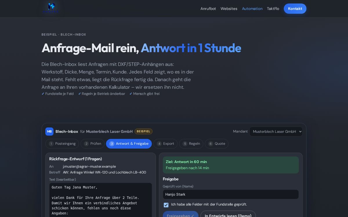 Screenshot Blech-Inbox, Ansicht 2 (Beispieldaten)