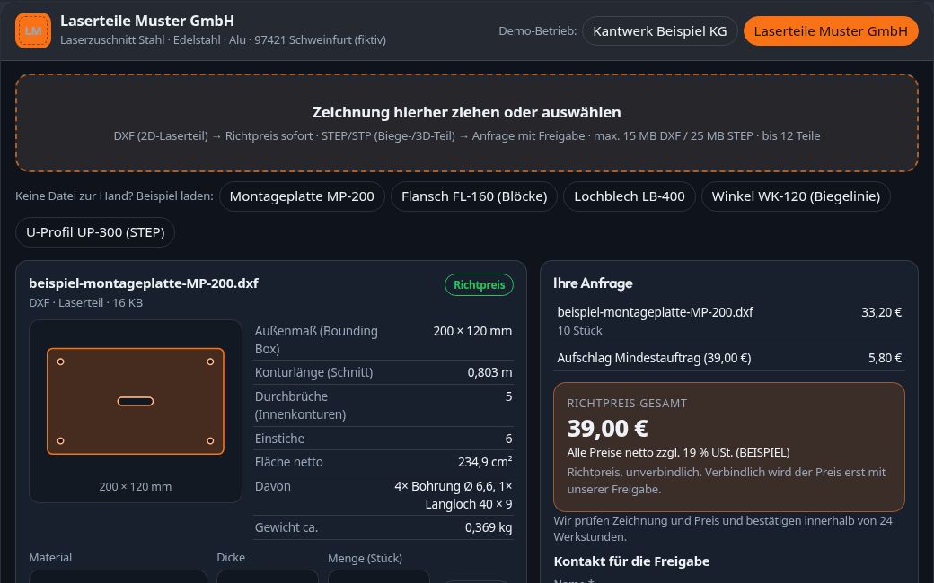 Screenshot Blech-Konfigurator (White Label) (Beispieldaten)