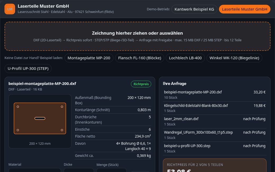Screenshot Blech-Konfigurator (White Label), Ansicht 2 (Beispieldaten)