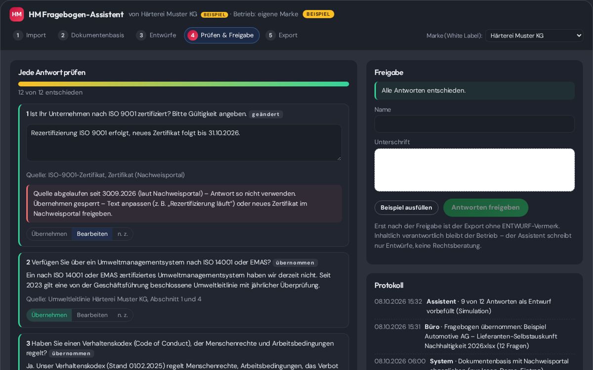 Screenshot Compliance-Fragebogen (Beispieldaten)