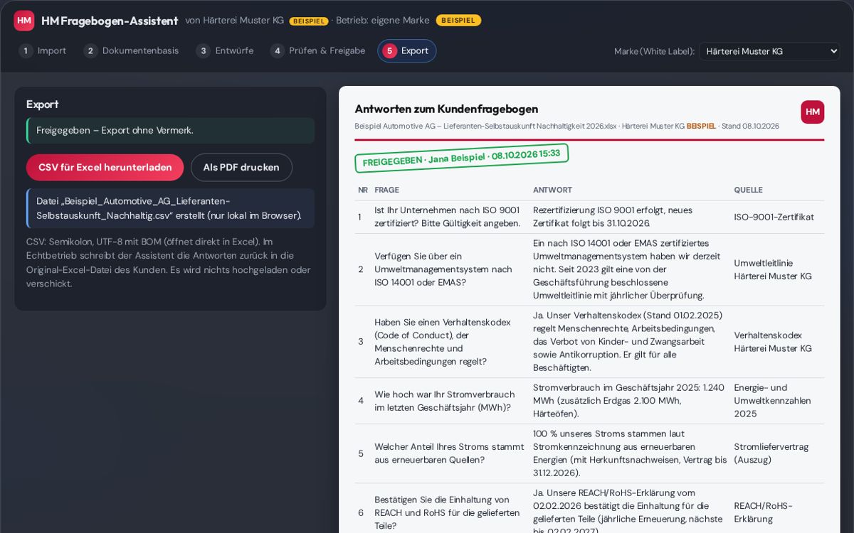 Screenshot Compliance-Fragebogen, Ansicht 2 (Beispieldaten)