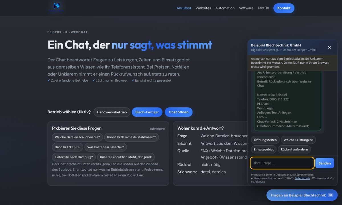 Screenshot KI-Webchat (Beispieldaten)
