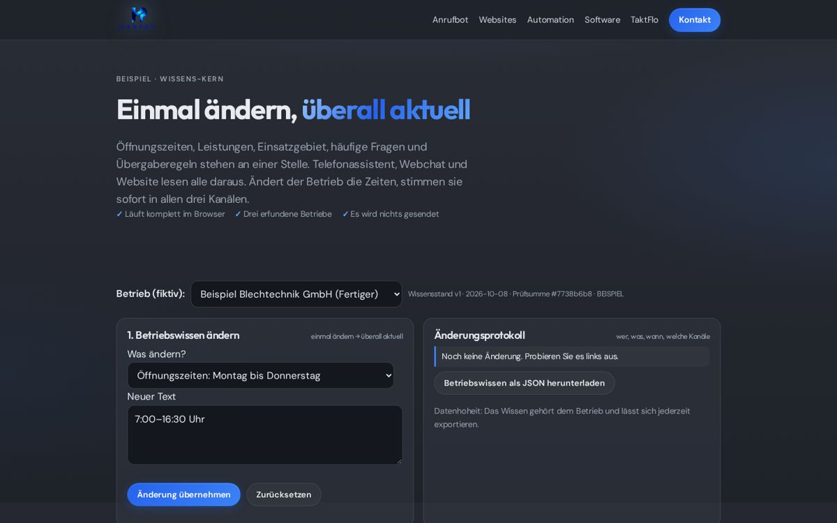 Screenshot KI-Webchat, Ansicht 2 (Beispieldaten)