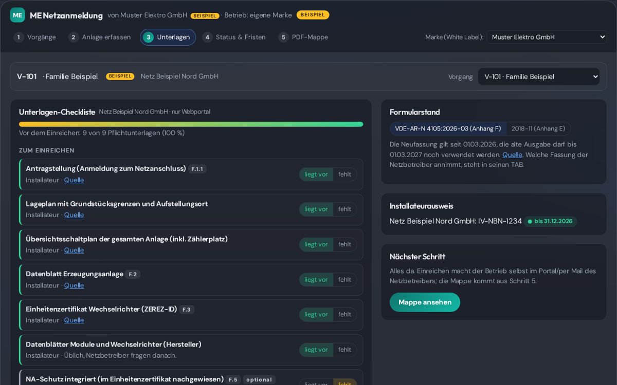Screenshot PV-Netzanmeldung (Beispieldaten)