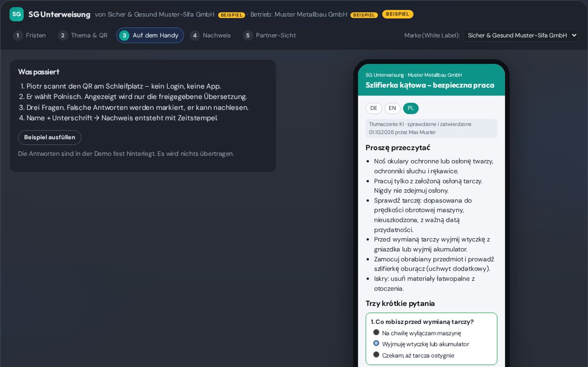 Screenshot Unterweisungs-Nachweis (Beispieldaten)