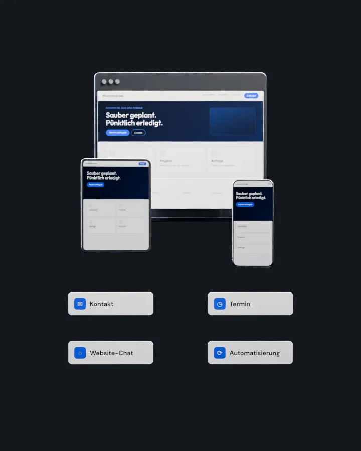 Eine veraltete Website zerlegt sich in Ebenen und setzt sich als moderne, responsive Seite mit Funktionen neu zusammen