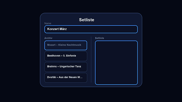 Animation: Setliste anlegen und Stücke hinzufügen.
